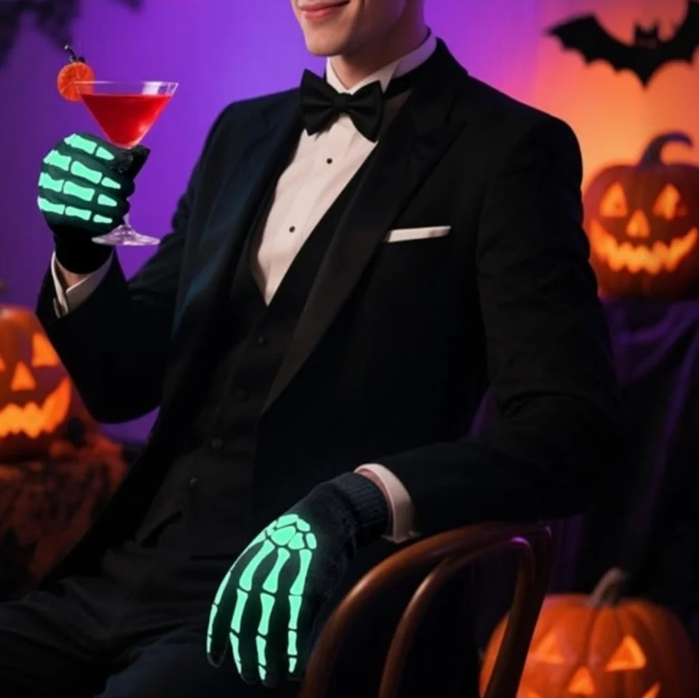 Stretchy Skeleton Gloves Glow in the Dark Stretch Knit Kids and Adult Sizes Goth